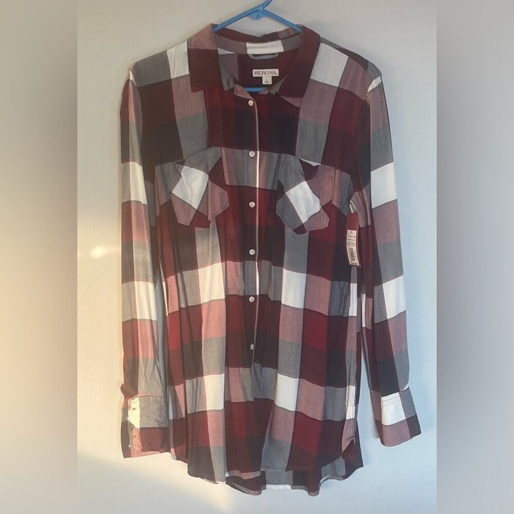 Merona Button Down Shirt Burgundy Plaid Women’s Large